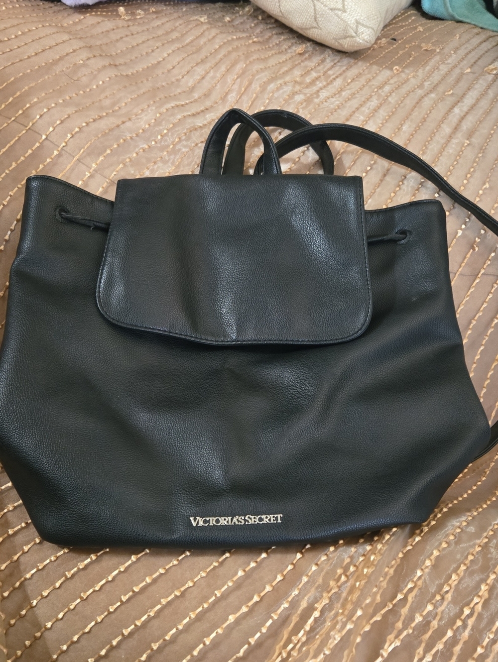 Victoria's Secret Black Faux Leather Drawstring Backpack